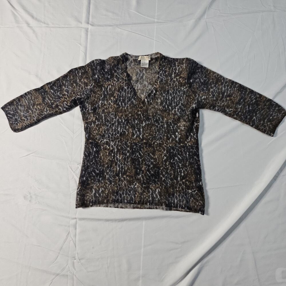 Kenar Womens 100% 2-ply Cashmere Leopard Print V-Neck Sweater -READ